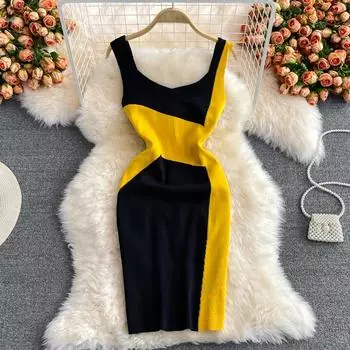 RUGOD Новое летнее сексуальное контрастное платье-жилет, облегающее эластичное трикотажное платье с v-образным вырезом, платье на бедрах с запахом снизу