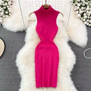 RUGOD новое летнее сексуальное облегающее и эластичное короткое трикотажное платье без рукавов с высоким воротником и открытыми плечами для женщин