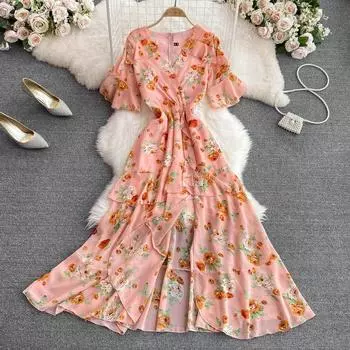 RUGOD Новое летнее шифоновое платье с пышной талией и короткими рукавами и цветочным принтом, морское праздничное длинное платье с разрезом, большие качели