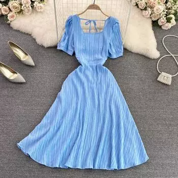 RUGOD Новое летнее свободное платье трапециевидной формы с квадратным вырезом и открытой спиной, с квадратным вырезом и талией без талии, новое летнее французское платье в стиле ретро.