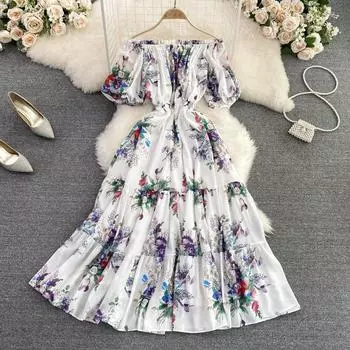 RUGOD Новое летнее темпераментное платье трапециевидной формы с открытыми плечами и открытыми плечами без талии, длинное платье для отдыха на море M белый