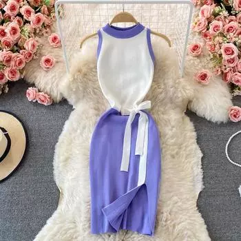 RUGOD Новое летнее вязаное черно-белое цветное платье с разрезом на шее, короткое платье с лямкой на бретельках, модное темпераментное тонкое платье One Size чёрный