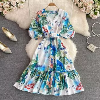 RUGOD Новое летнее высококачественное платье трапециевидной формы с v-образным вырезом на талии и тонким принтом, элегантное длинное платье с широкими рюшами