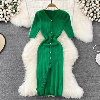 RUGOD Новое лето модное женское эластичное облегающее платье с v-образным вырезом и короткими рукавами, тонкое вязаное платье средней длины