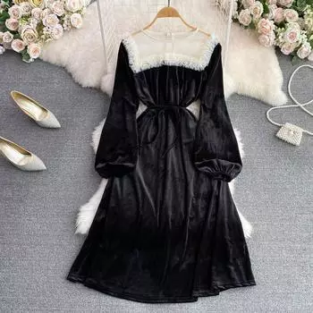 RUGOD Новое осеннее винтажное платье с круглым вырезом и сетчатой строчкой на талии, большое распашное золотое бархатное платье