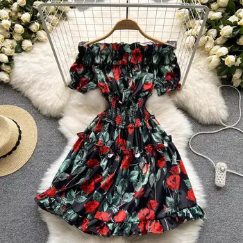 RUGOD Новое сексуальное праздничное платье с рюшами и эластичной резинкой на талии с открытыми плечами и принтом розы в европейском и американском стиле, с короткими рукавами и рюшами