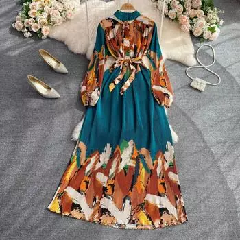 RUGOD Новое свободное платье с завязкой на пуговицах и поясом, плиссированное платье с высокой талией, элегантное женское темпераментное платье, женское праздничное платье