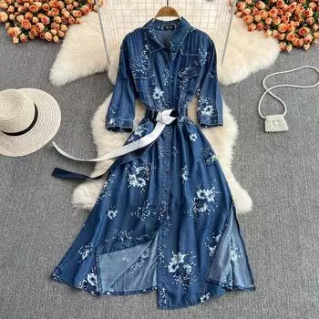 RUGOD Новое женское джинсовое платье из тенселя средней длины с талией для похудения однобортное платье трапециевидной формы с лацканами и принтом