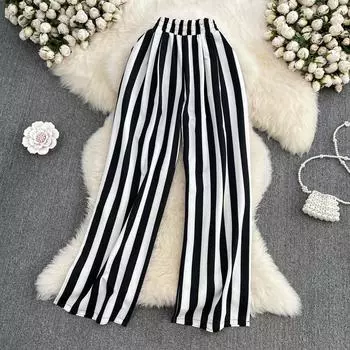 RUGOD, новые летние повседневные брюки в корейском стиле с высокой талией и вертикальной полоской, женские прямые длинные брюки с эластичной резинкой на талии, широкие брюки