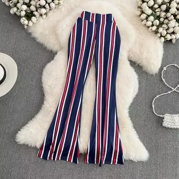RUGOD новые летние пригородные корейские версии с высокой талией тонкие полосатые расклешенные брюки универсальные повседневные брюки длинные женские брюки