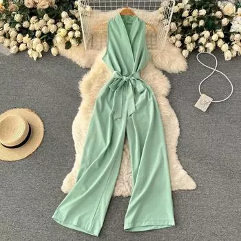 RUGOD новый комбинезон с бретелькой на шее, женские широкие брюки с высокой талией, повседневные брюки с тонкой талией для холодного ветра, летние