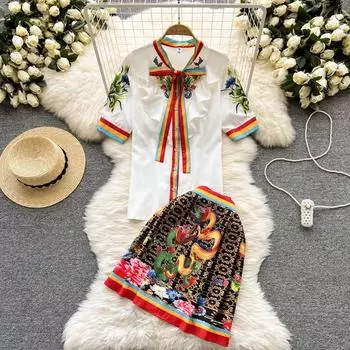 RUGOD, новый летний европейский и американский костюм с принтом, полосатая рубашка с рюшами и галстуком-бабочкой, юбка с вышивкой, комплект из двух предметов
