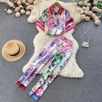 RUGOD, новый летний костюм с принтом в европейском и американском стиле, женская свободная рубашка с лацканами, топ + маленькие брюки с девятью точками, комплект из двух предметов