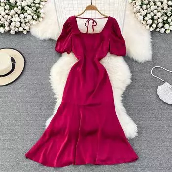 RUGOD облегающее платье с квадратным вырезом и короткими рукавами во французском стиле ретро, летнее модное элегантное темпераментное длинное платье