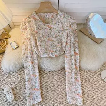 RUGOD Однобортная рубашка с цветочным принтом в стиле ретро, женский дизайн, маленький и тонкий шикарный топ с пышными рукавами