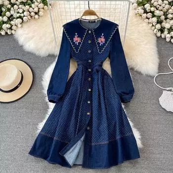 RUGOD однобортное джинсовое платье с длинными рукавами и лацканами для весны и осени высокого класса