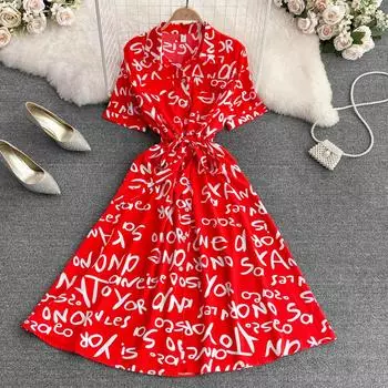 RUGOD Однобортное платье средней длины с лацканами и буквенным принтом, с тонкой талией и тонким галстуком-бабочкой, с буквенным принтом, лето 2022 One Size чёрный