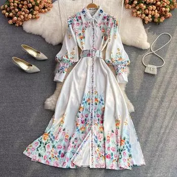 RUGOD однобортное платье трапециевидной формы с принтом в стиле ретро в праздничном стиле, элегантное темпераментное длинное свободное платье