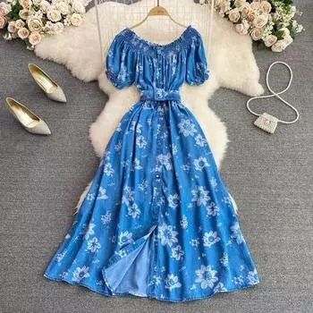 RUGOD Однобортное платье трапециевидной формы с открытой талией и вышивкой, большое длинное платье в стиле ретро M синий