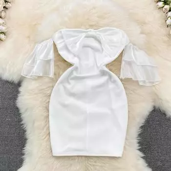 RUGOD Односложное платье с открытыми плечами и рукавами-колокольчиками, топ-труба с бантом, облегающее и облегающее короткое платье на бедрах, сексуальное летнее платье