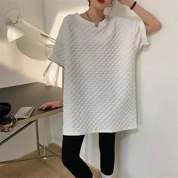 RUGOD однотонная футболка для женщин, повседневная клетчатая футболка средней длины с круглым вырезом, три четверти, хлопковые футболки средней длины, женский универсальный топ оверсайз, 2021 M чёрный