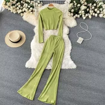 RUGOD однотонная универсальная короткая футболка в стиле ретро, слегка расклешенные брюки с высокой талией, женские двухсекционные брюки в западном стиле