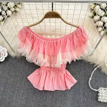 RUGOD One Word, сетчатая рубашка с краями грибка и вышивкой в виде листьев лотоса, воротник на талии, тонкая шифоновая рубашка, женская мода, короткий топ, лето