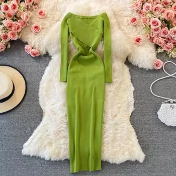 RUGOD осенне-зимнее французское ретро-талия и тонкая темпераментная сумка с длинными рукавами и v-образным вырезом, вязаное платье на бедрах One Size бежевый