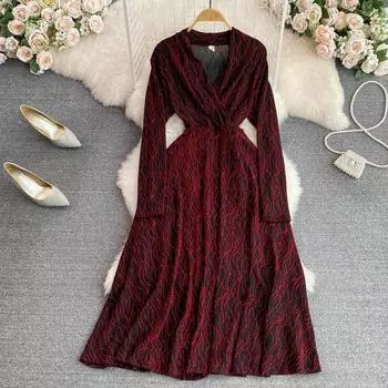 RUGOD осенне-зимнее платье с v-образным вырезом и длинными рукавами, женское тонкое свободное платье трапециевидной формы