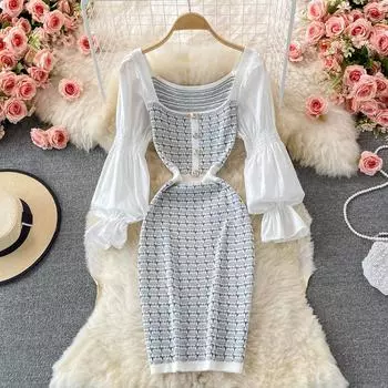 RUGOD осенне-зимнее трикотажное платье в стиле ретро с длинными рукавами и квадратным вырезом, эластичный свитер, облегающее платье до бедер One Size чёрный