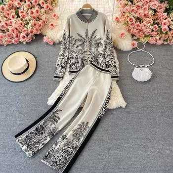 RUGOD осенне-зимний новый элегантный вязаный кардиган, свитер, костюм из двух предметов, модные широкие брюки с высокой талией One Size чёрный