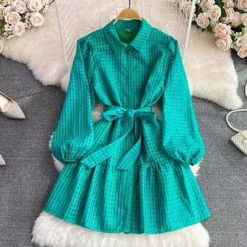 RUGOD, осеннее легкое платье-рубашка трапециевидной формы с рюшами в зрелом стиле, ретро, темпераментное, с пузырьками, с длинными рукавами, женское платье трапециевидной формы с тонкой талией