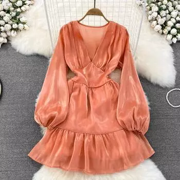 RUGOD осеннее новое европейское и американское ретро темпераментное платье-фонарь с длинными рукавами и v-образным вырезом, тонкое женское платье трапециевидной формы с рюшами