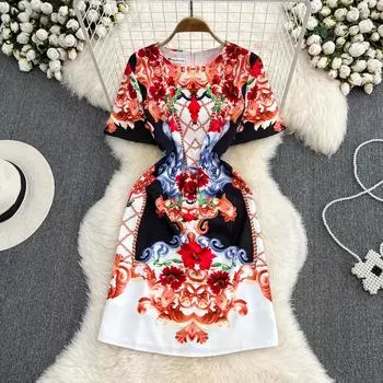 RUGOD Осеннее новое женское темпераментное платье с круглым вырезом и принтом, облегающее и тонкое короткое маленькое платье на бедрах M
