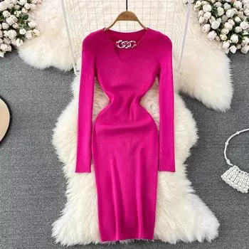 RUGOD Осеннее облегающее платье с v-образным вырезом и длинными рукавами, облегающее вязаное нижнее платье-сумка средней длины. One Size