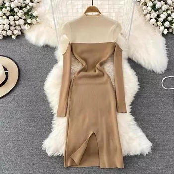 RUGOD Осеннее облегающее вязаное нижнее платье средней длины с открытыми плечами и длинными рукавами, вязаная сумка на бедрах One Size чёрный