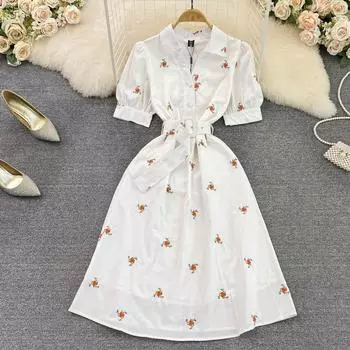 RUGOD Осеннее платье-рубашка с вышивкой и пышными рукавами на талии, тонкое платье трапециевидной формы