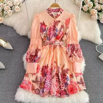 RUGOD осеннее ретро дворцовый стиль с воротником-стойкой и пузырьками с длинными рукавами и талией для похудения с принтом, женское платье трапециевидной формы с рюшами