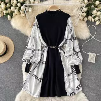 RUGOD Осеннее свободное платье с грибковым краем и круглым вырезом, цветное, облегающее и тонкое, платье средней длины One Size