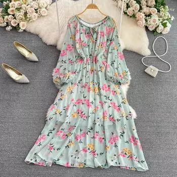 RUGOD Осеннее тонкое шифоновое платье с круглым вырезом и длинными рукавами на талии с цветочным принтом, пляжное праздничное платье трапециевидной формы