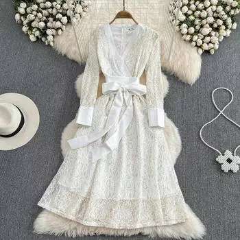 RUGOD осеннее женское платье с глубоким v-образным вырезом и длинными рукавами контрастного цвета на талии, тонкое кружевное платье трапециевидной формы, большое свободное длинное платье