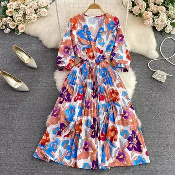 RUGOD осеннее женское плиссированное платье трапециевидной формы средней длины с v-образным вырезом и длинными рукавами и талией в стиле ретро