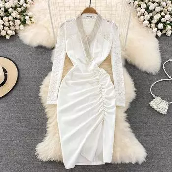 RUGOD осенняя корейская версия темпераментного кружевного платья с v-образным вырезом, поддельного, из двух частей, тонкого, средней длины, посылка, женское платье на бедрах