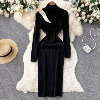 RUGOD открытое платье с открытыми плечами и длинными рукавами, осеннее женское трикотажное платье на талии One Size чёрный