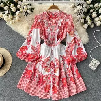 RUGOD Palace Стиль ретро-принт элитное платье женское весенне-осеннее новое стильное свободное платье-рубашка с большой талией и тонкой талией M синий