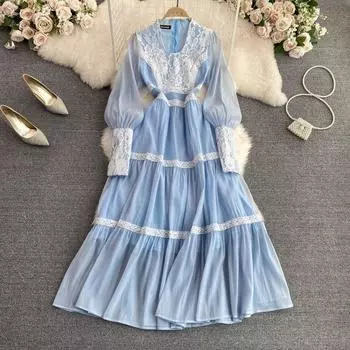 RUGOD Palace Стиль темпераментное кружевное шитье пузырьковое платье трапециевидной формы с длинными рукавами и талией для похудения Элегантное длинное платье