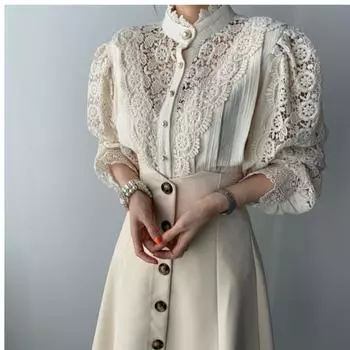 RUGOD Palace Style, новая милая рубашка со стойкой, пустая свободная и шикарная рубашка с длинными рукавами и кружевной строчкой в тяжелой промышленности, топ