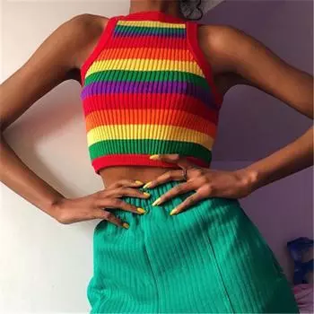 RUGOD пикантные женские рубашки с цветными блоками в радужную полоску без рукавов вязаная туника повседневная женская S