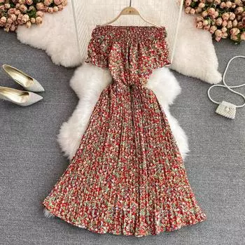 RUGOD Платье для перерыва на чай Французское нежное шифоновое плиссированное платье с открытыми плечами и талией А-образной формы «Нежный ветер» Супер фея