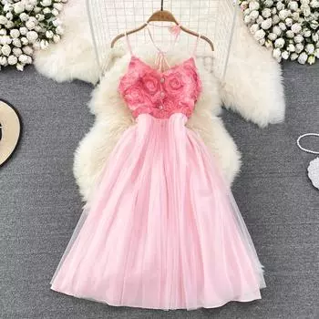 RUGOD платье на подтяжках для девочек, летнее французское трехмерное платье трапециевидной формы без рукавов с розами и милой талией